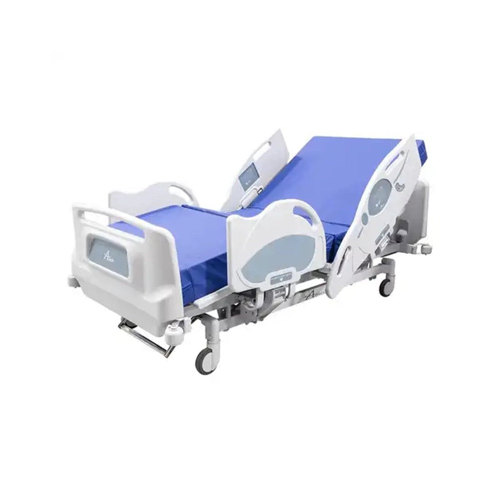 An adjustable hospital bed with a blue mattress and white metal frame, shown on a plain white background.