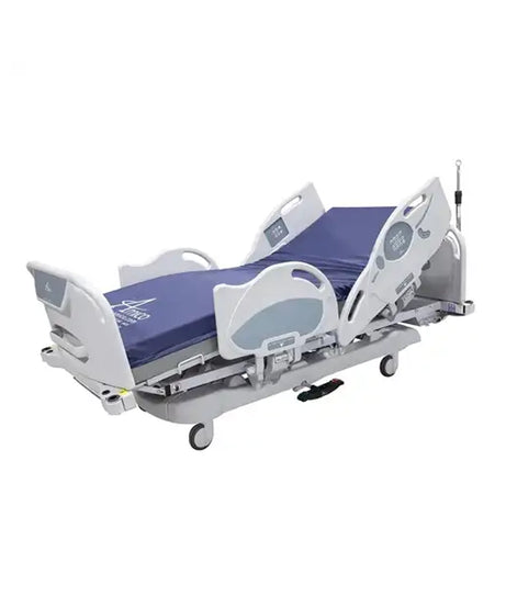 An adjustable hospital bed with a white metal frame, blue mattress, and gray side rails, shown on a plain white background.