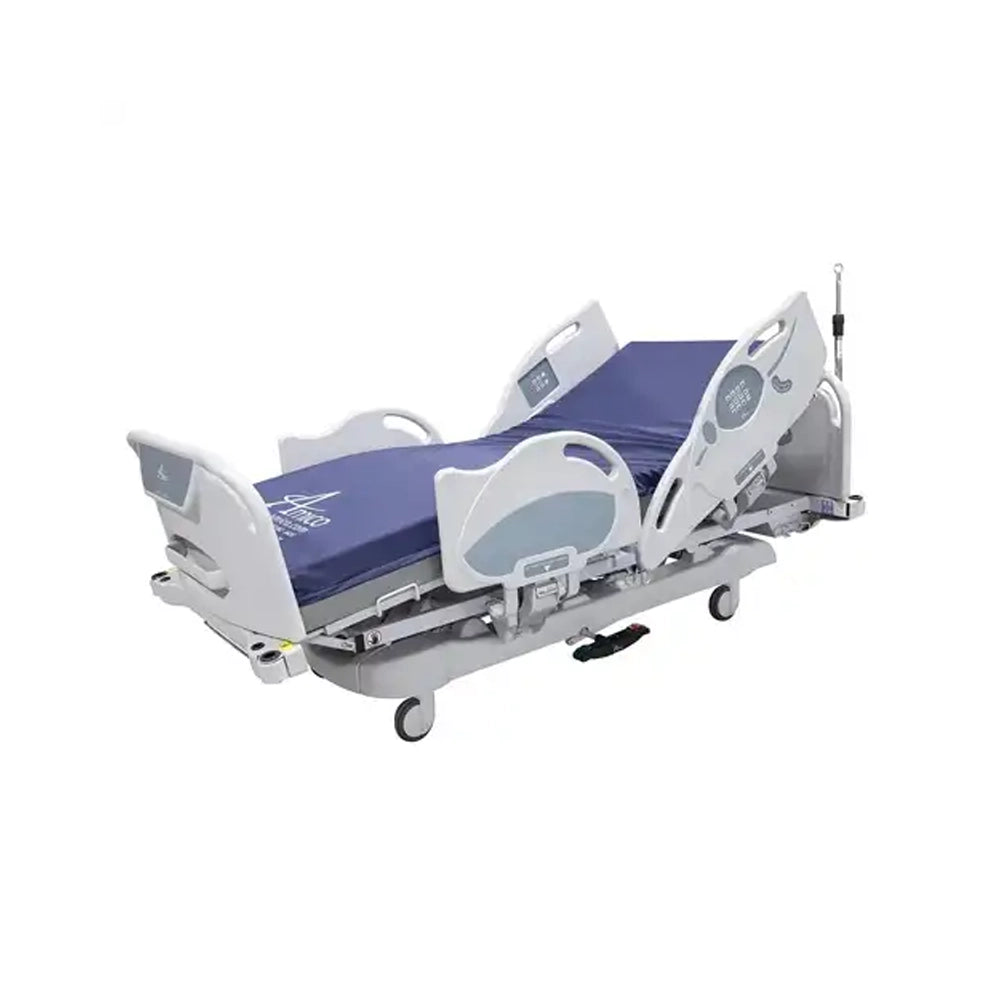 An adjustable hospital bed with a white metal frame, blue mattress, and gray side rails, shown on a plain white background.