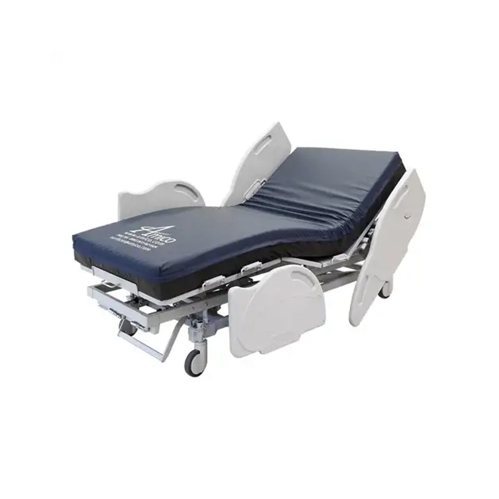 An adjustable hospital-style bed frame with a navy blue padded mattress and white side rails, shown on a plain white background.
