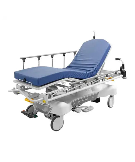 A medical gurney hospital bed with a blue padded mattress and adjustable silver metal frame, shown on a plain white background.
