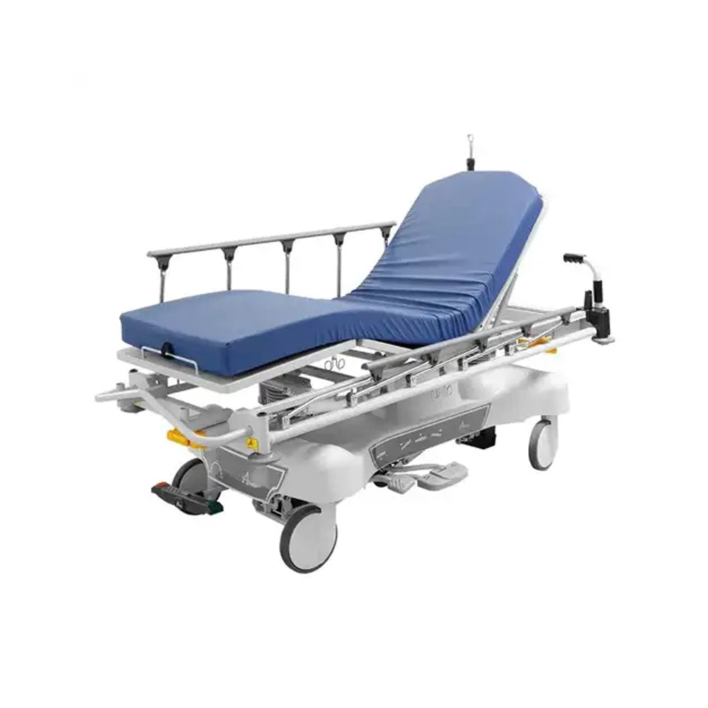A medical gurney hospital bed with a blue padded mattress and adjustable silver metal frame, shown on a plain white background.