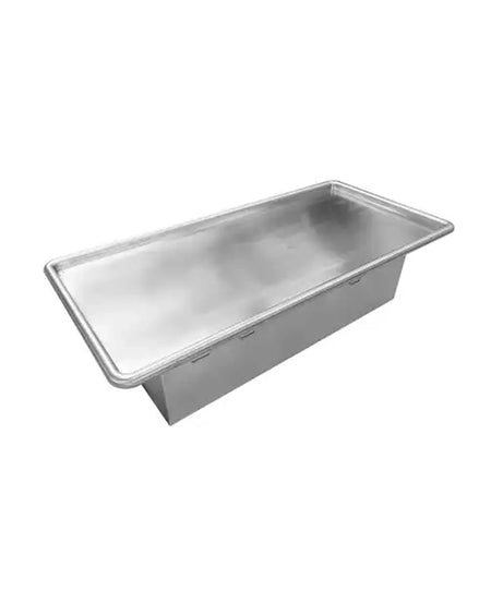 A rectangular stainless steel tub with a flat, open top and raised rim, shown at an angle on a plain white background.