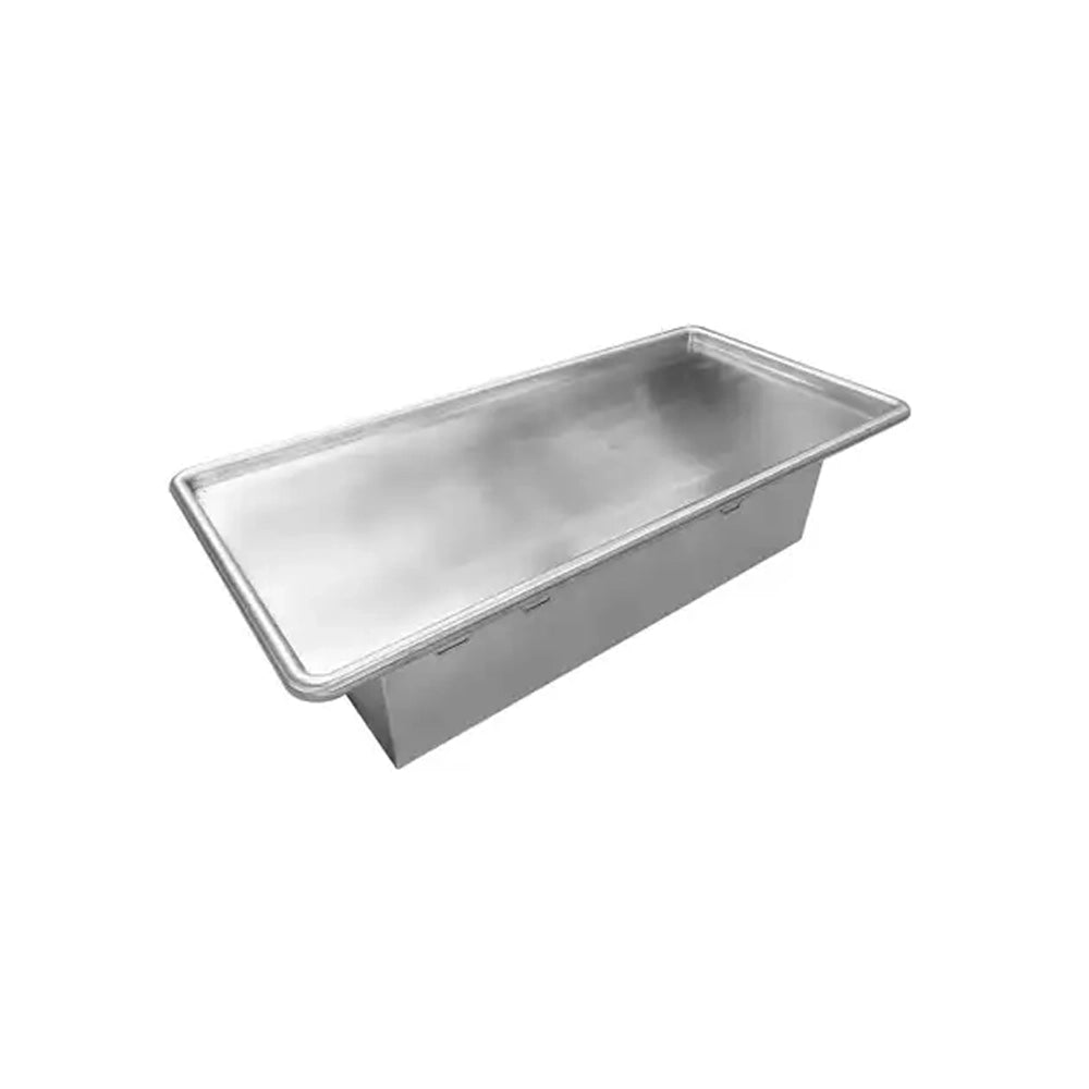 A rectangular stainless steel tub with a flat, open top and raised rim, shown at an angle on a plain white background.