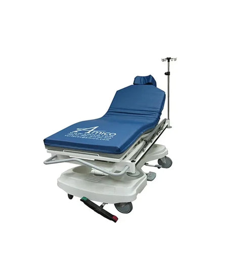 A medical gurney examination table with a blue padded mattress, white metal frame and base, caster wheels, and an attached IV pole, shown on a plain white background.