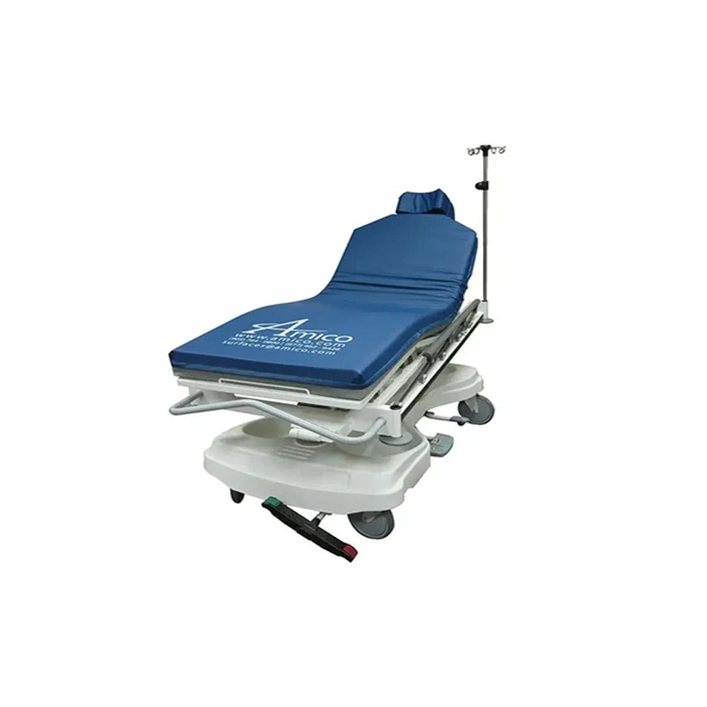 A medical gurney examination table with a blue padded mattress, white metal frame and base, caster wheels, and an attached IV pole, shown on a plain white background.