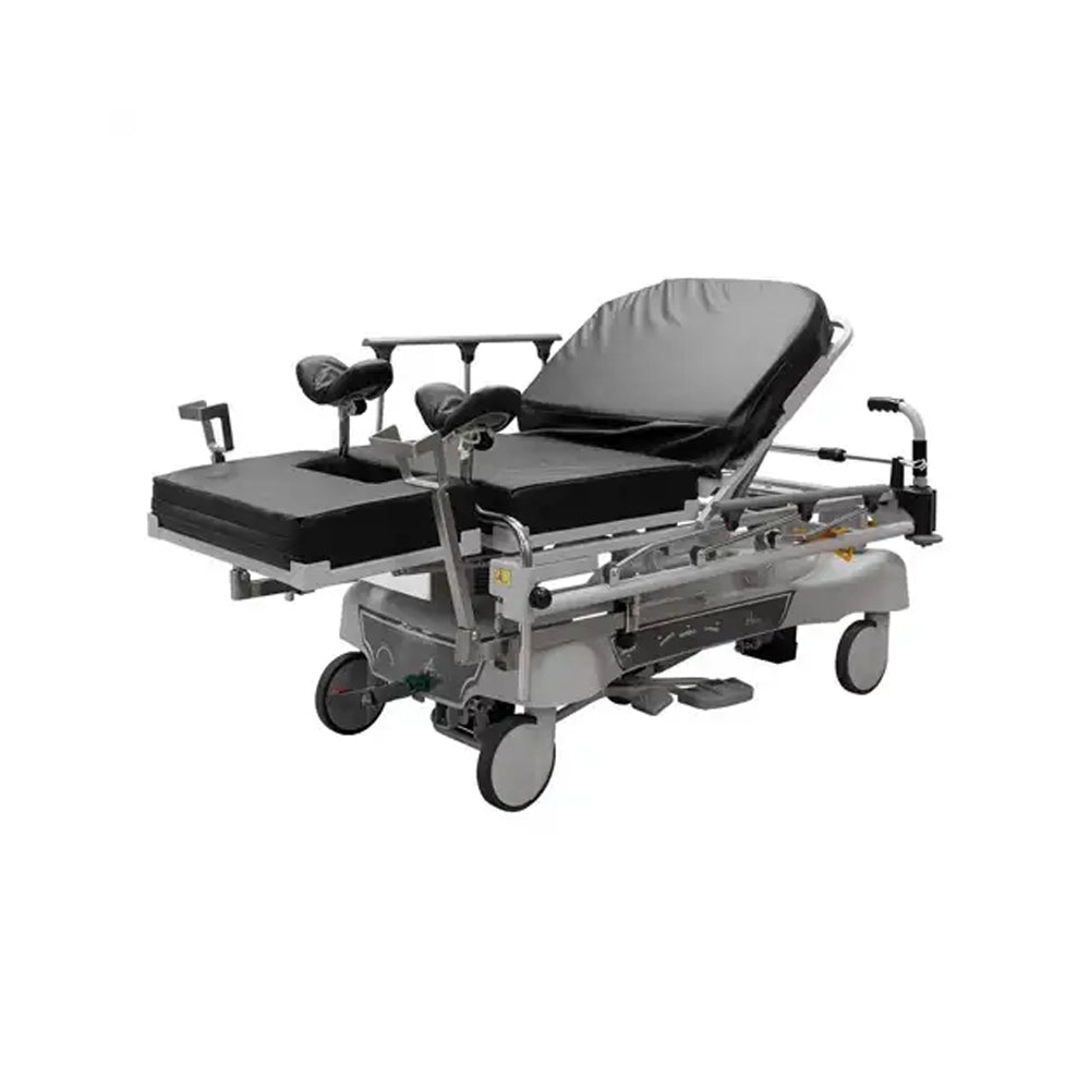 A medical gurney hospital bed with adjustable silver metal frame, black padded mattress sections, and four caster wheels, shown on a plain white background.