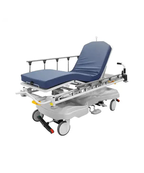 A medical gurney emergency transport bed with a navy blue padded mattress and adjustable silver metal frame on wheels, shown against a plain white background.