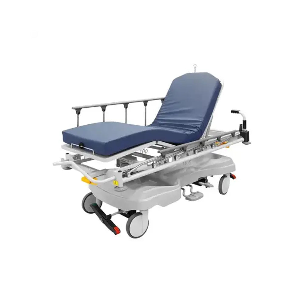 A medical gurney emergency transport bed with a navy blue padded mattress and adjustable silver metal frame on wheels, shown against a plain white background.