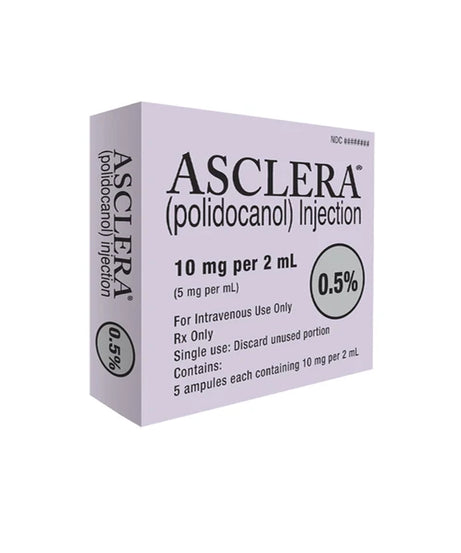 A box of Asclera (polidocanol) Injection 0.5% (10 mg per 2 mL) shown at a three-quarter angle on a plain white background.