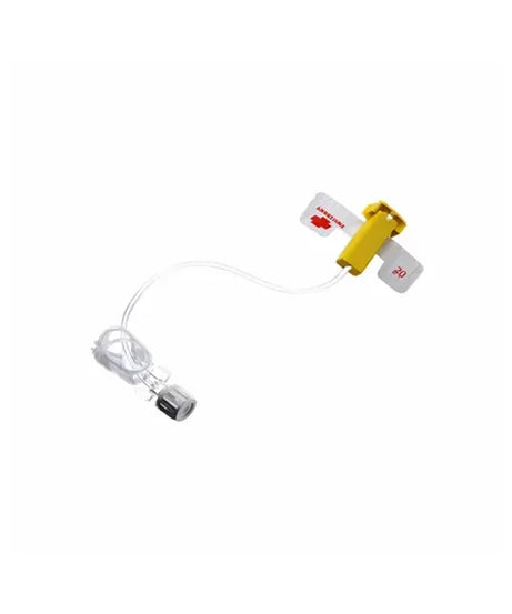 A small medical or industrial connector component with a clear plastic tube, a yellow plastic fitting, and two white adhesive pads with red printed markings, shown on a plain white background.