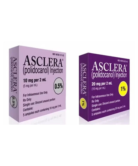 Two boxes of Asclera (polidocanol) Injection shown side by side on a white background, one at 0.5% and one at 1% strength.