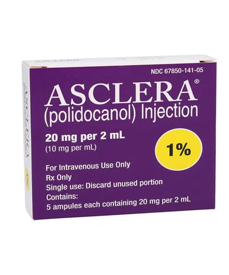 A box of Asclera (polidocanol) Injection 1% (20 mg per 2 mL) shown on a plain white background. The packaging is primarily purple with white text and a yellow circle indicating '1%'.