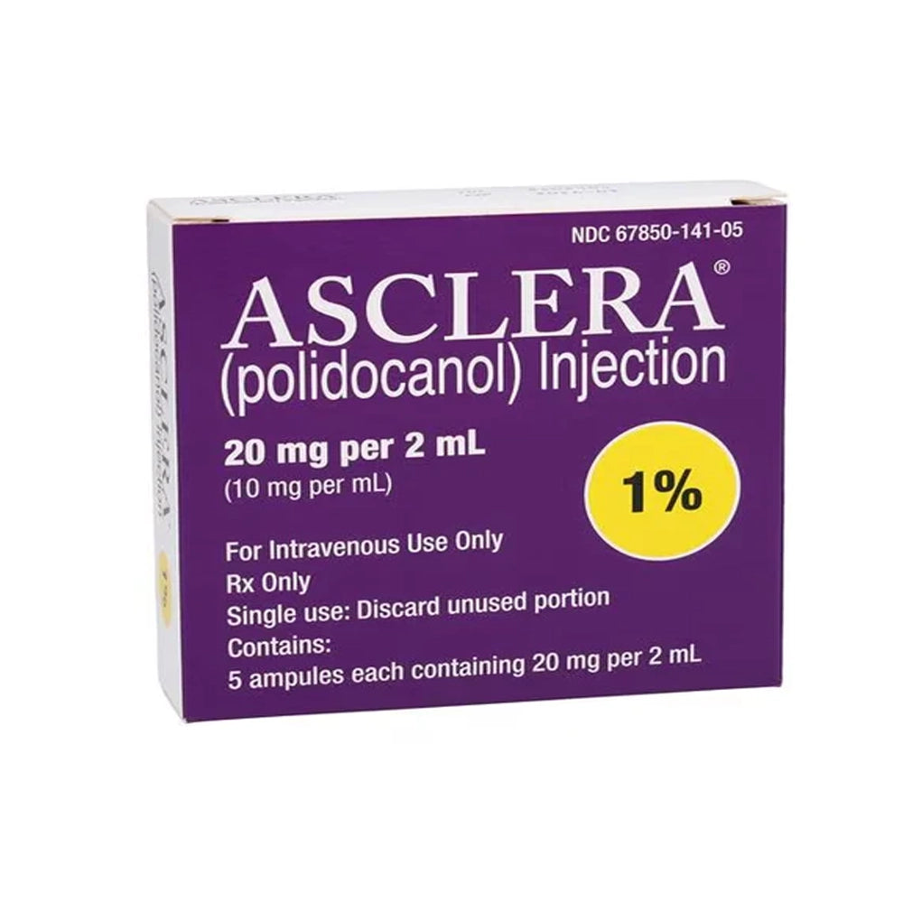 A box of Asclera (polidocanol) Injection 1% (20 mg per 2 mL) shown on a plain white background. The packaging is primarily purple with white text and a yellow circle indicating '1%'.