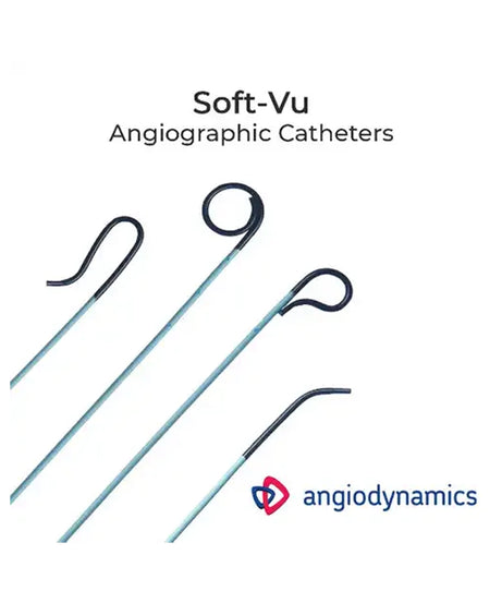 Four Soft-Vu angiographic catheters in different curved and angled positions on a white background, with the text 'Soft-Vu Angiographic Catheters' at the top and the Angiodynamics logo at the bottom right.