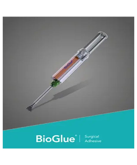 BioGlue surgical adhesive syringe with a clear barrel showing amber liquid, a green plunger, and a metal applicator tip, shown on a gray background with a teal BioGlue banner at the bottom.