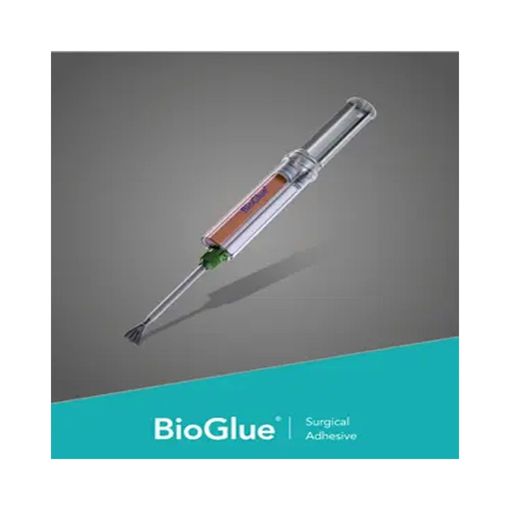 BioGlue surgical adhesive syringe with a clear barrel showing amber liquid, a green plunger, and a metal applicator tip, shown on a gray background with a teal BioGlue banner at the bottom.