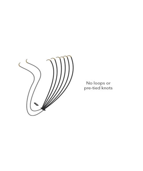 A simple line drawing on a white background showing a black fanned wire or hook-like product with small text reading 'No loops or pre-tied knots'. This is not a clean product photo and functions as an informational diagram, so subject_type is Instruction Diagram rather than Product/Packaging.