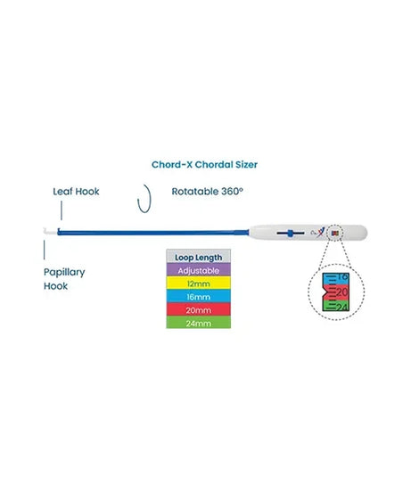 A product diagram of a Chord-X Chordal Sizer with labeled parts including the leaf hook, papillary hook, and a color chart showing adjustable loop lengths from 12mm to 24mm.