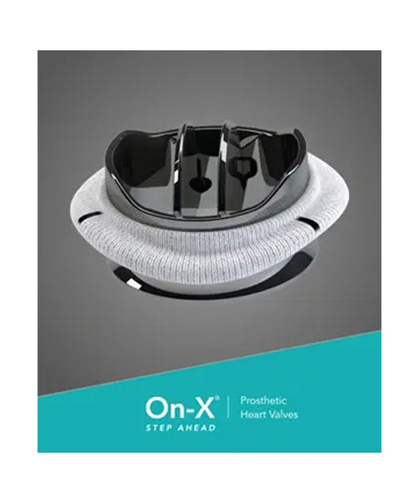 A prosthetic heart valve component shown on a dark gray background with a teal banner at the bottom reading 'On-X Step Ahead Prosthetic Heart Valves'.