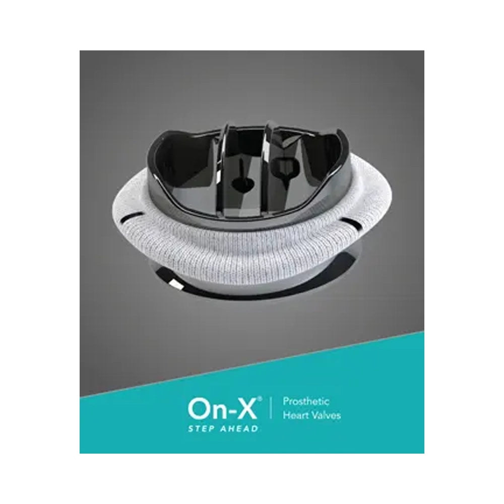A prosthetic heart valve component shown on a dark gray background with a teal banner at the bottom reading 'On-X Step Ahead Prosthetic Heart Valves'.