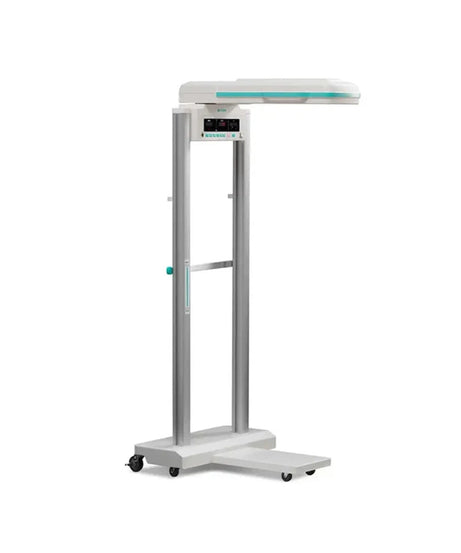A medical standing measurement device with a white platform base, silver metal frame, digital display, and a flat white top arm with a light blue accent, shown on a solid white background.