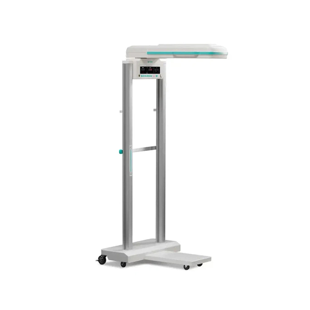 A medical standing measurement device with a white platform base, silver metal frame, digital display, and a flat white top arm with a light blue accent, shown on a solid white background.