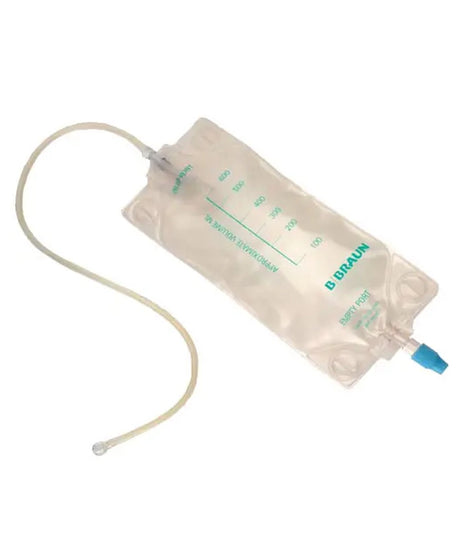 A clear plastic IV hydration bag with green measurement markings and the brand name 'B. BRAUN' printed on it, featuring a blue cap and a translucent tube, shown on a white background.