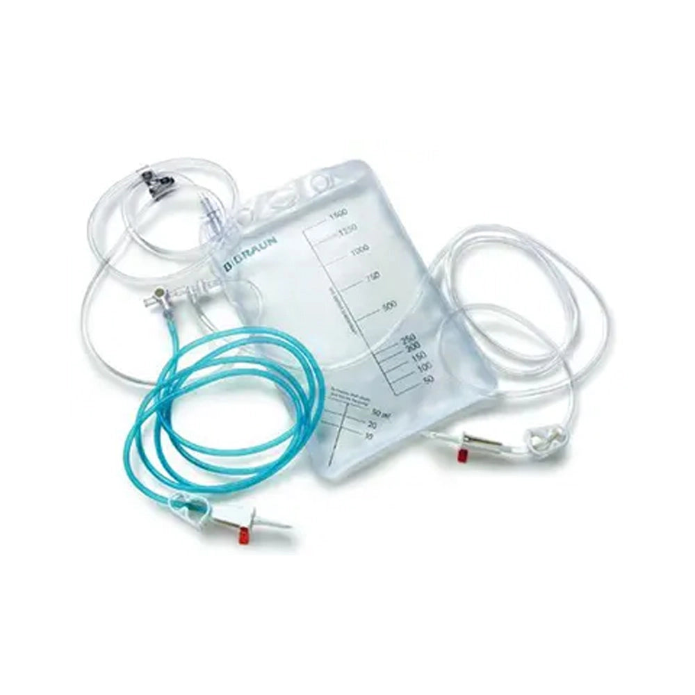 A clear plastic urine collection bag with printed measurement markings, attached to transparent tubing and a coiled light blue catheter with small red and white connectors, photographed on a white background.