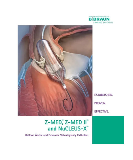 Promotional graphic for Braun medical devices featuring an anatomical illustration of a balloon aortic and pulmonic valvuloplasty catheter in use on a heart. The graphic includes the text 'Z-MED, Z-MED II and NuCLEUS-X' and a teal block on a white background.