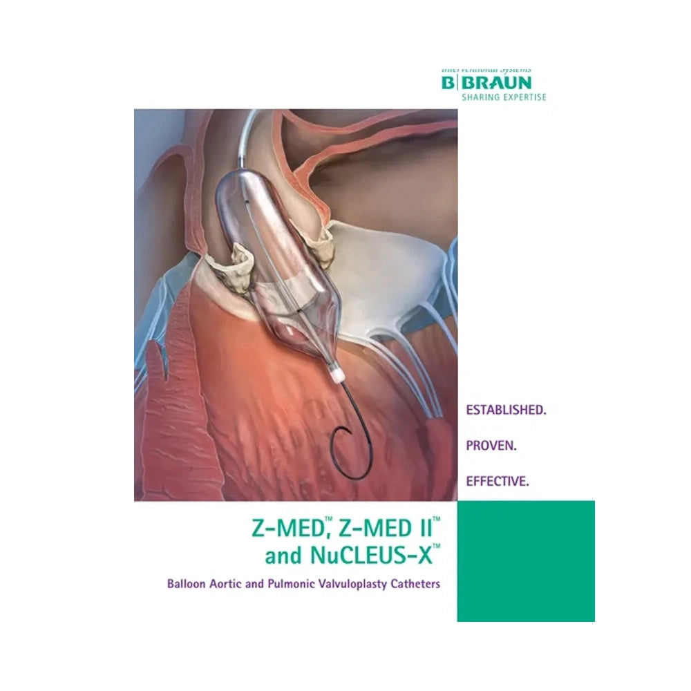 Promotional graphic for Braun medical devices featuring an anatomical illustration of a balloon aortic and pulmonic valvuloplasty catheter in use on a heart. The graphic includes the text 'Z-MED, Z-MED II and NuCLEUS-X' and a teal block on a white background.