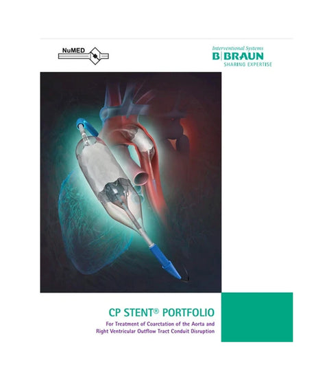 A branded portfolio cover for CP Stent, showing a medical illustration of a stent over anatomical heart structures. The cover includes the NuMed logo at top left, the D.