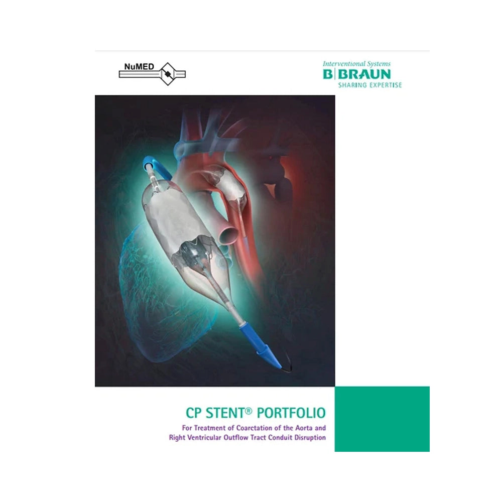 A branded portfolio cover for CP Stent, showing a medical illustration of a stent over anatomical heart structures. The cover includes the NuMed logo at top left, the D.