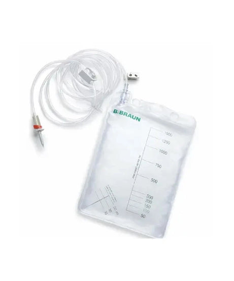 Braun clear plastic fluid collection bag with green brand text and measurement markings, shown with a clear tube and connector on a white background.