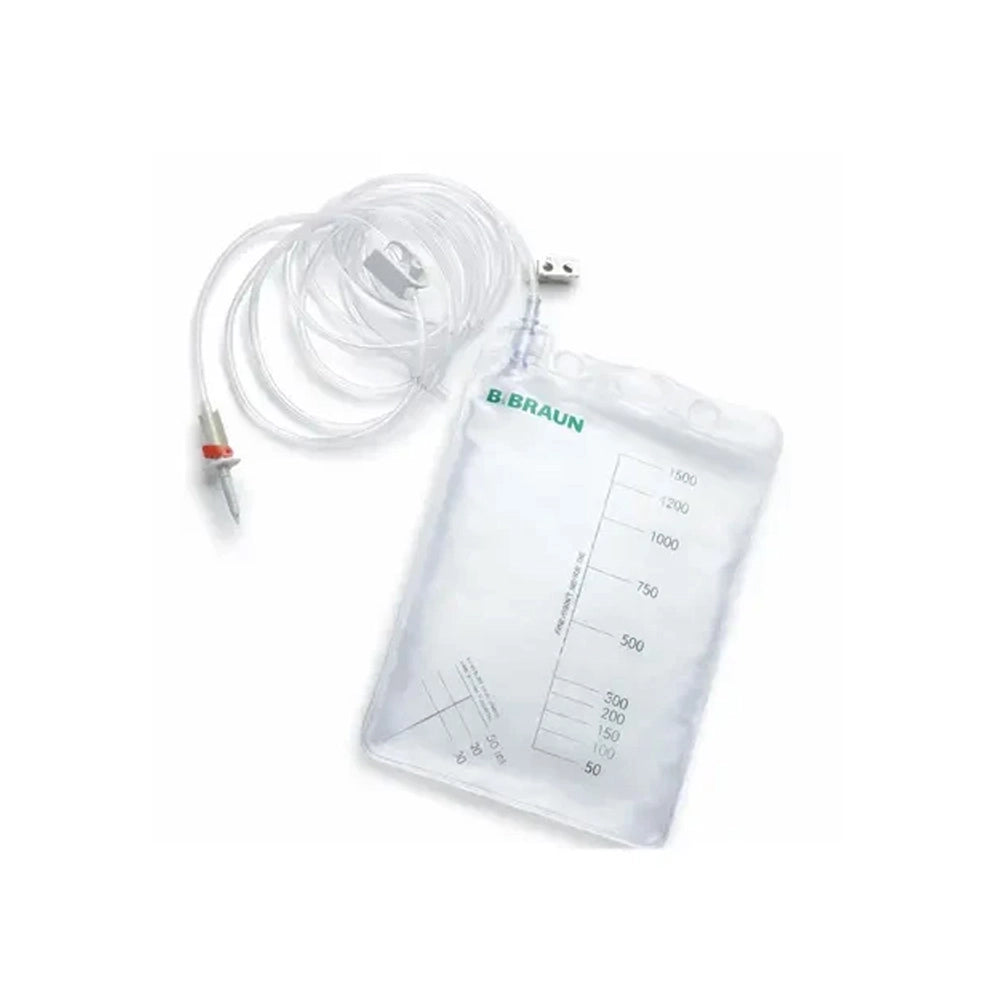 Braun clear plastic fluid collection bag with green brand text and measurement markings, shown with a clear tube and connector on a white background.