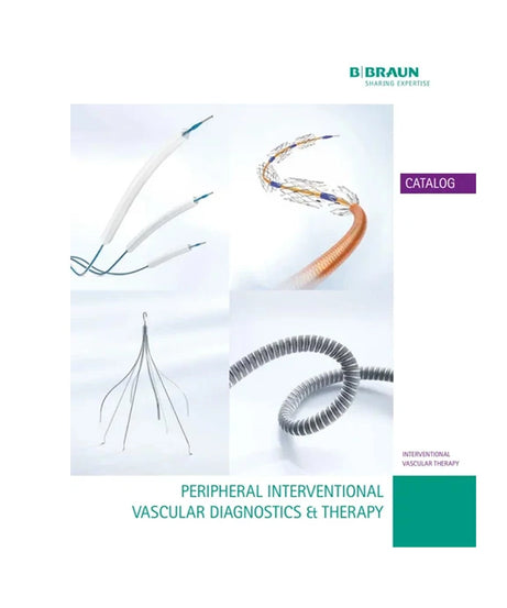 Catalog cover for Braun Medical Systems Peripheral Interventional Vascular Diagnostics & Therapy, featuring four medical catheter and wire images on a white background with teal and purple text accents.
