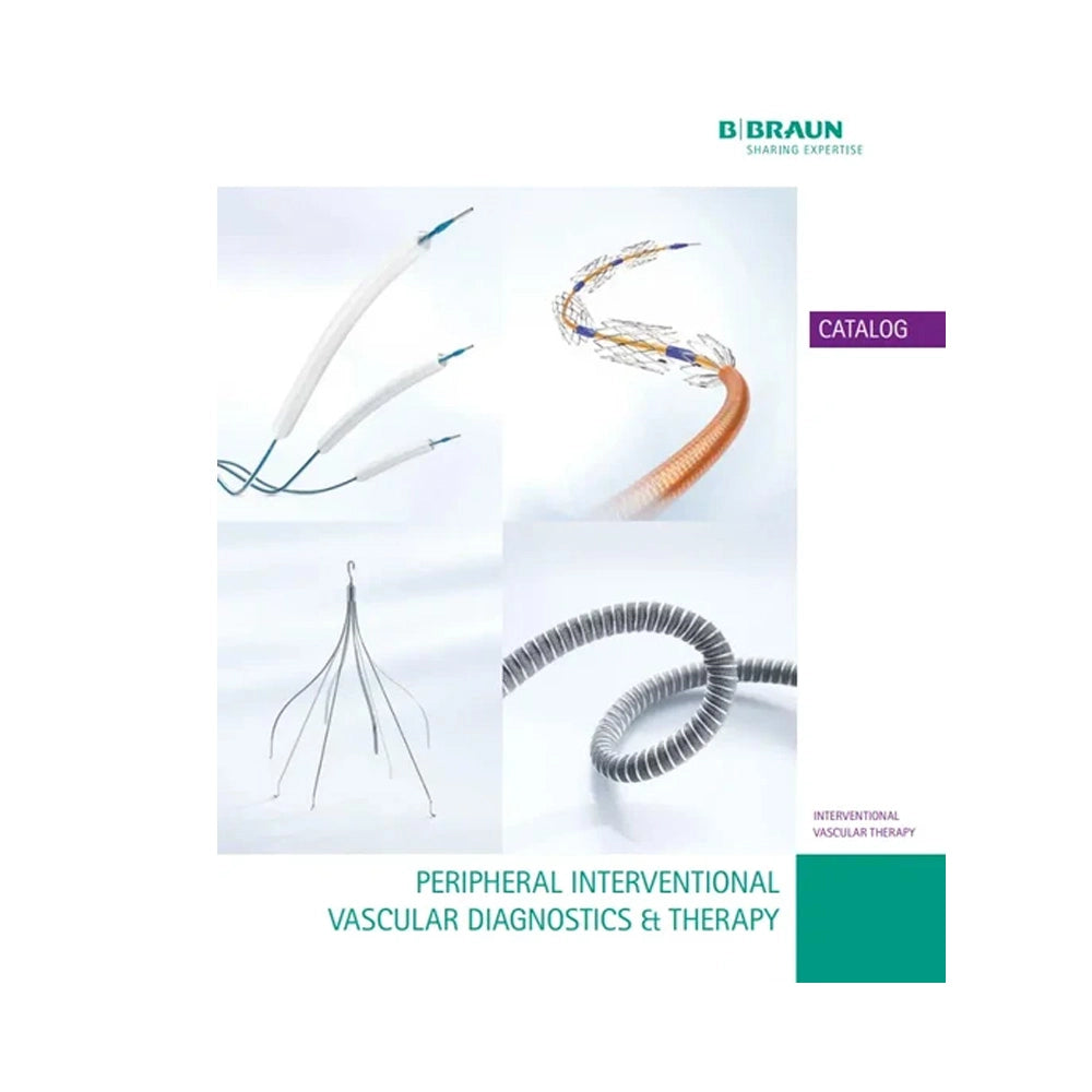 Catalog cover for Braun Medical Systems Peripheral Interventional Vascular Diagnostics & Therapy, featuring four medical catheter and wire images on a white background with teal and purple text accents.