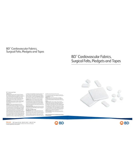 A white catalog or brochure page for BD Cardiovascular Fabrics, Surgical Feels, Pledgets and Tapes, featuring product text, small product cutouts, and BD logos at the bottom.