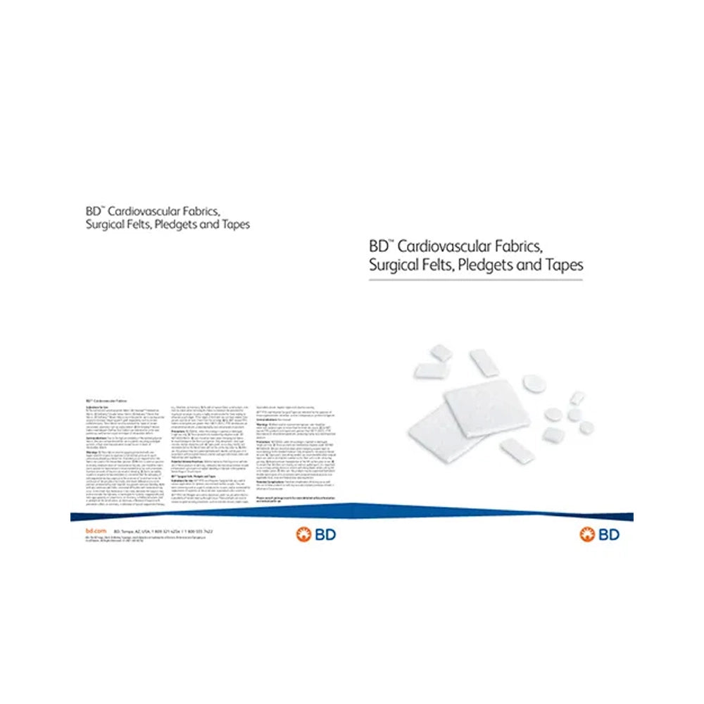 A white catalog or brochure page for BD Cardiovascular Fabrics, Surgical Feels, Pledgets and Tapes, featuring product text, small product cutouts, and BD logos at the bottom.