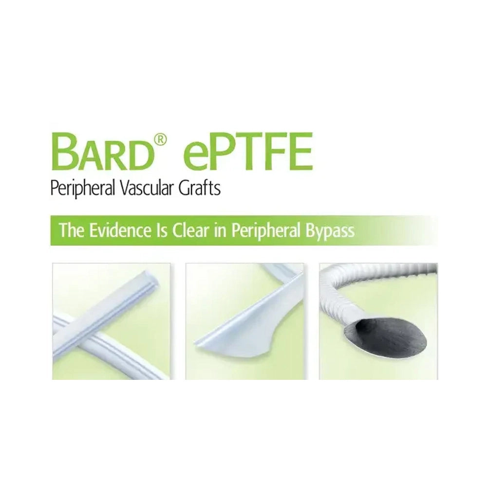 BARD ePTFE Peripheral Vascular Grafts promotional graphic on a white background, with green and black text and three small inset photos showing the graft material in use.