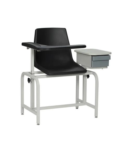 A black plastic classroom or lecture chair with an adjustable armrest and a side-mounted gray storage drawer, set against a plain white background.