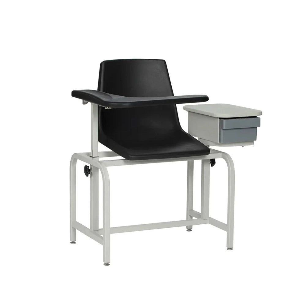 A black plastic classroom or lecture chair with an adjustable armrest and a side-mounted gray storage drawer, set against a plain white background.