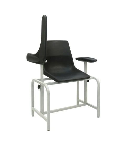 A black molded plastic patient or utility chair with a white metal frame, featuring a high backrest, armrests, and a swivel base, shown against a plain white background.