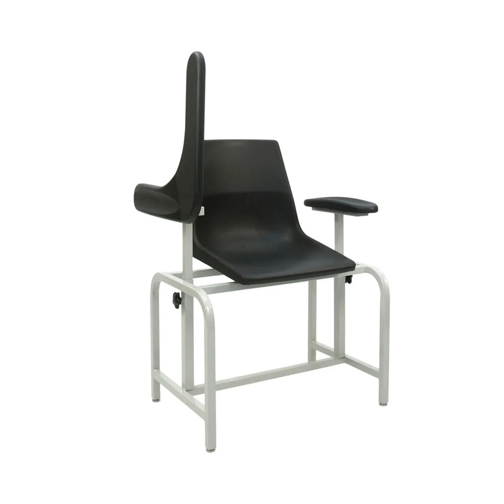 A black molded plastic patient or utility chair with a white metal frame, featuring a high backrest, armrests, and a swivel base, shown against a plain white background.