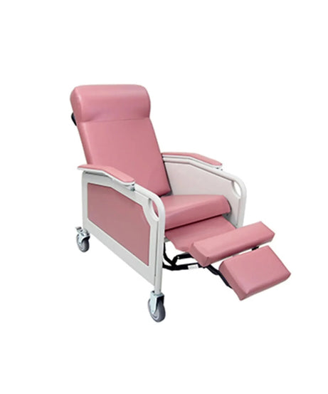 A pink and white adjustable medical reclining chair with a footrest, shown on a plain white background.