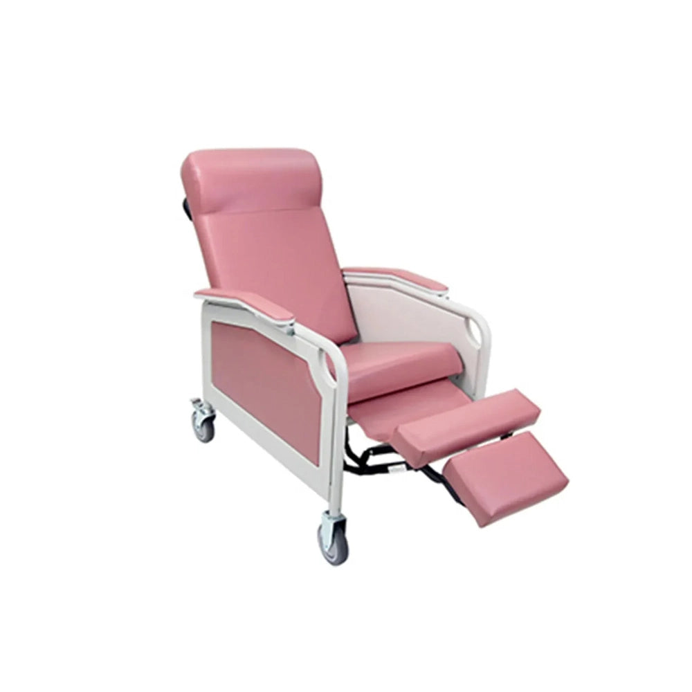 A pink and white adjustable medical reclining chair with a footrest, shown on a plain white background.