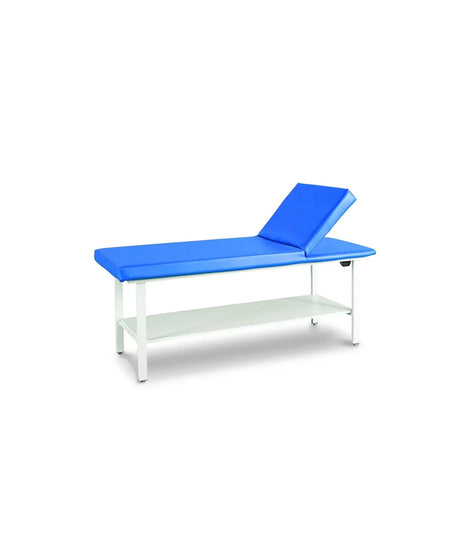 Adjustable massage table with a bright blue padded surface and headrest, supported by a white metal frame with an open lower shelf, shown on a plain white background.
