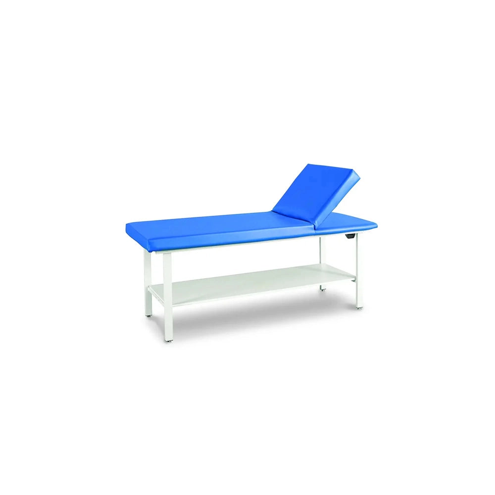 Adjustable massage table with a bright blue padded surface and headrest, supported by a white metal frame with an open lower shelf, shown on a plain white background.