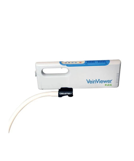 A VeinViewer FLEX handheld vein visibility device with a white body, blue accents, and a white tube connected via a black clamp, shown on a plain white background.
