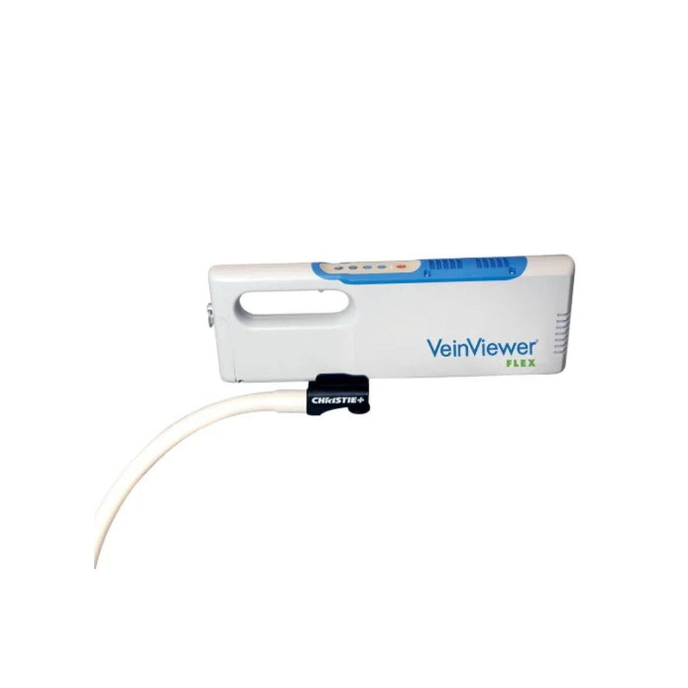 A VeinViewer FLEX handheld vein visibility device with a white body, blue accents, and a white tube connected via a black clamp, shown on a plain white background.